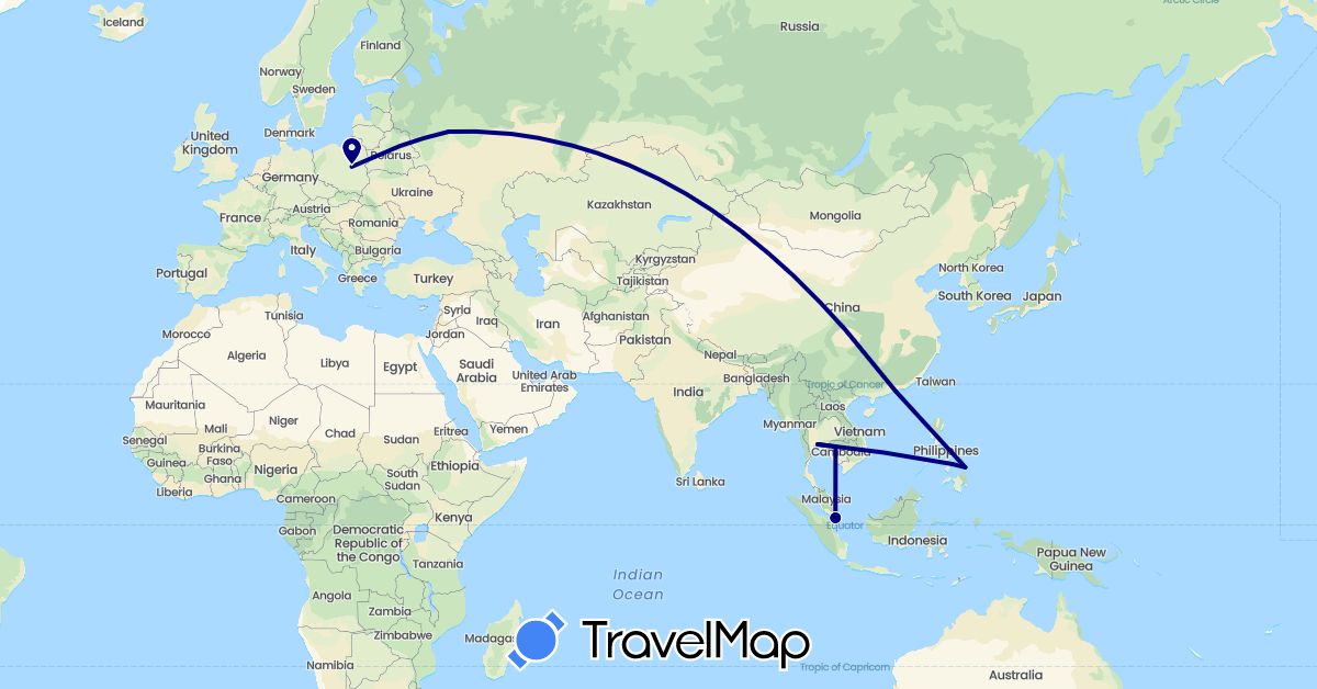 TravelMap itinerary: driving in China, Cambodia, Philippines, Poland, Russia, Singapore, Thailand (Asia, Europe)